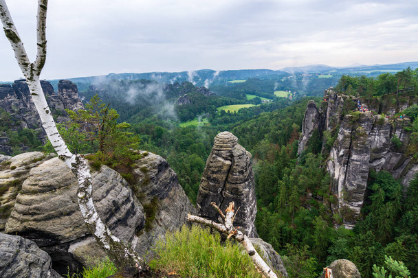Sakson İsviçre 'de Dresden yakınlarında bulutlu ve sisli bir sürü kaya var. - Fotoğraf, Görsel