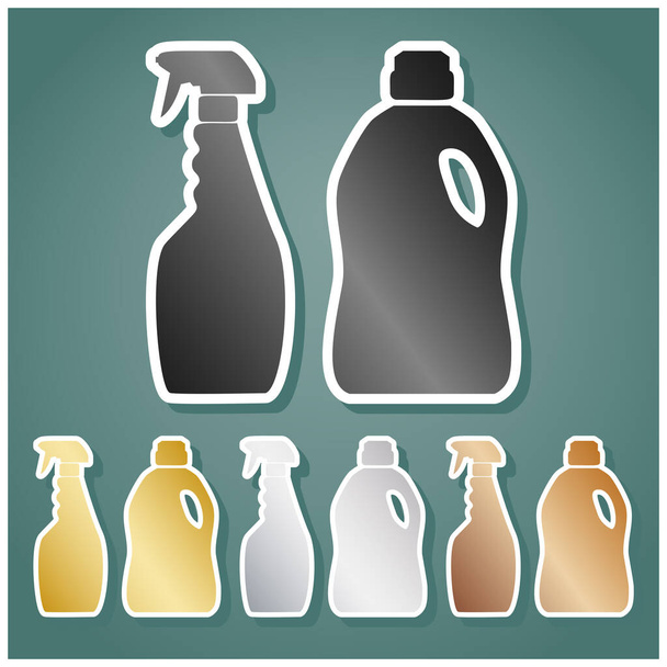 Household chemical bottles sign. Set of metallic Icons with gray, gold, silver and bronze gradient with white contour and shadow at viridan background. - Vecteur, image