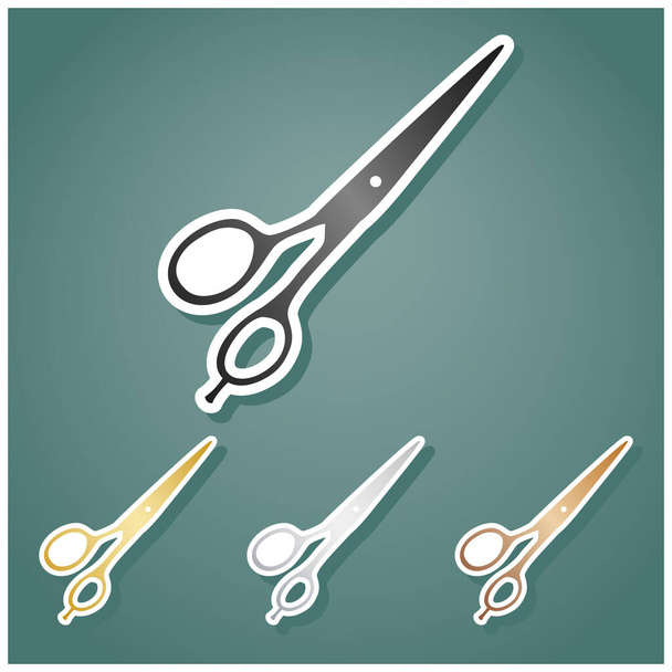 Hair cutting scissors sign. Set of metallic Icons with gray, gold, silver and bronze gradient with white contour and shadow at viridan background. - Вектор,изображение