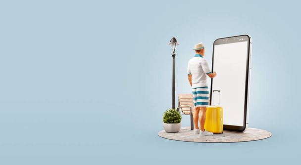 3d illustration of a tourist with his luggage standing in front of smartphone and using smart phone application. Travel smartphone apps concept. - Фото, зображення