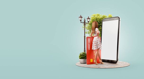3d illustration of a woman with credit card standing at big smartphone and using smart phone application for shopping an payment. Payment online concept. - Фото, зображення