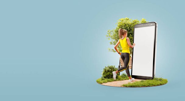 3d illustration of a woman in sportswear running in park in front of smartphone and using smart phone for exercises. Smartphone sports and gum apps concept. - Fotoğraf, Görsel