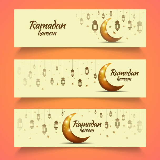 Parlayan Ay Tasarımı, fenerler ve yıldızlı 3 adet Ramazan Bayrağı. - Fotoğraf, Görsel