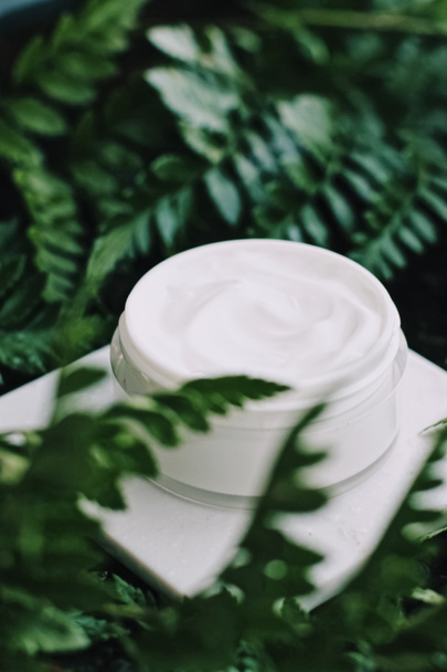 Gesichtscreme Feuchtigkeitscreme Glas im grünen Garten, natürliche pflanzliche Hautpflege Kosmetik und Bio-Anti-Aging-Produkt für Gesundheit und Schönheit - Foto, Bild