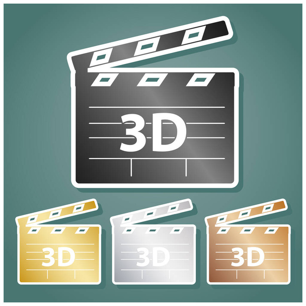 3D film sign. Set of metallic Icons with gray, gold, silver and bronze gradient with white contour and shadow at viridan background. - Vector, imagen