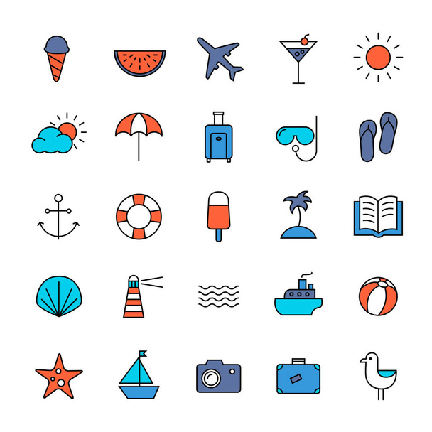 Sbírka ikon reprezentující léto, cestování, moře, pláže a relaxovat. Styl moderní, tenké čáry. - Vektor, obrázek