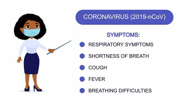 A médica mostra uma lista de sintomas do coronavírus. Caráter com uma máscara respiratória no rosto. Sintomas de vírus infográficos. Ilustração vetorial sobre fundo branco
. - Vetor, Imagem