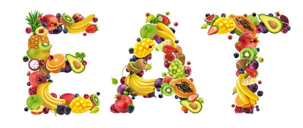Tvůrčí koncept zdravé stravy, slovo EAT z různých druhů ovoce a bobulí izolovaných na bílém pozadí - Fotografie, Obrázek