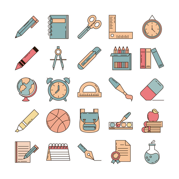 school education learn supply stationery icons set line and fill style icon - Vector, Image