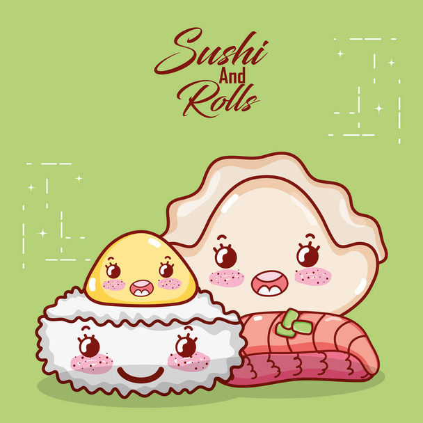 kawaii rice roll meat dumpling and cookie food japanese cartoon, sushi and rolls - Vektor, obrázek