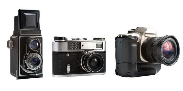 moderne dslr camera en vintage medium formaat twee-lens camera. - Foto, afbeelding
