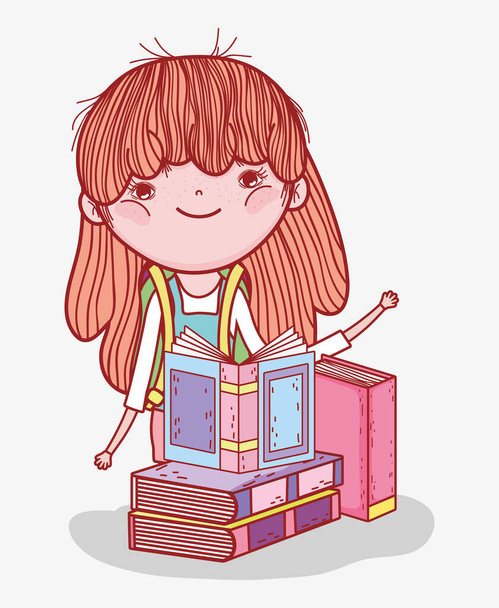 linda niña con libros estudio literatura dibujos animados
 - Vector, imagen