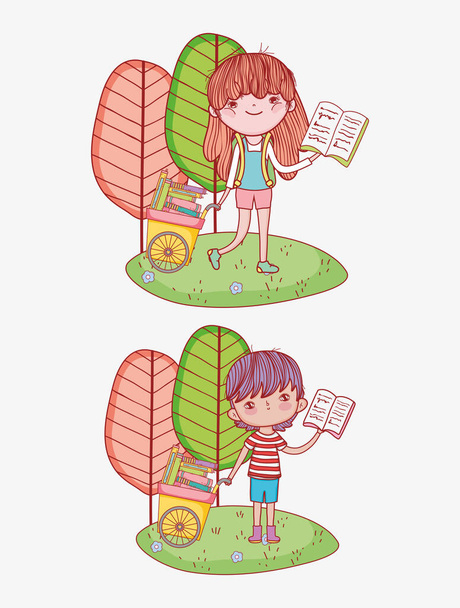linda chica y niño arte de la mano con libros en la hierba de dibujos animados al aire libre
 - Vector, imagen