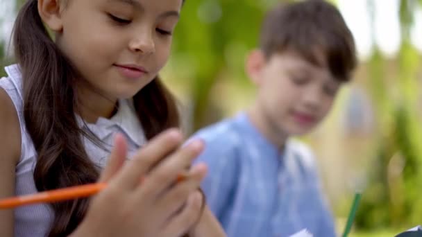 Kids sitting outdoor and doing homework - Filmati, video