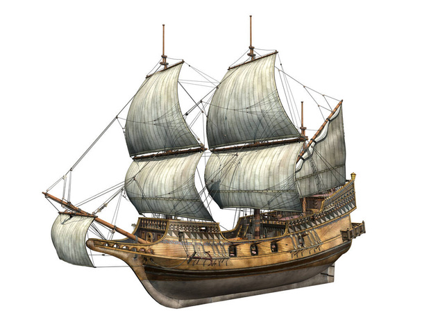 Golden Hind galleon. 3d illustration. Side perspective view on white background. Clipping path included. - Photo, Image