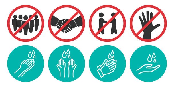 Set aus Handschlag-, Berührungs- und Händewaschsymbolen in vier verschiedenen Versionen in flachem Design. Vektorillustration - Vektor, Bild