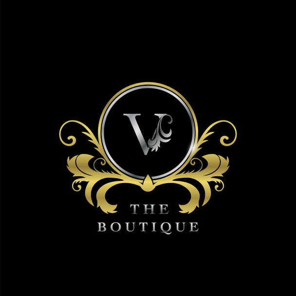 V Letter Golden Circle Luxury Boutique Počáteční logo Ikona, Elegance vektor design koncept pro luxusní zboží podnikání, butik, móda a více identity. - Vektor, obrázek
