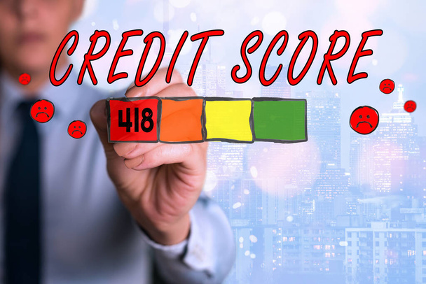 Word writing text Credit Score. Business concept for Report credit score for banking application to asses risk based on the behaviours of the user or client. Assessing credit score for mortgage or - Fotó, kép