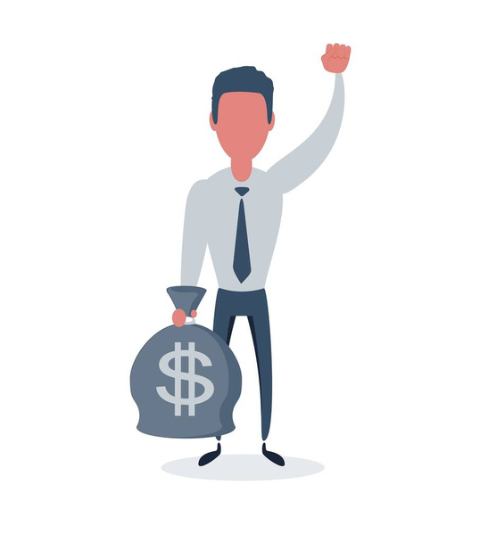 Rich businessman character hold bags full of money. - Vector, Image