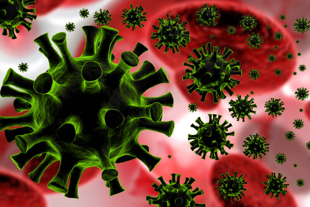 Coronavirus 2019-ncov gripe infección 3D ilustración médica. Vista microscópica de células flotantes del virus de la gripe respiratoria patógeno de China
. - Foto, Imagen
