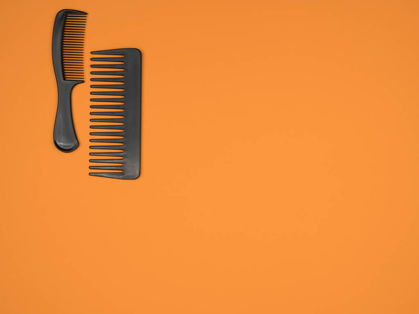 Расчески - аксессуары парикмахерская на оранжевом фоне. Салон красоты инструмента
. - Фото, изображение