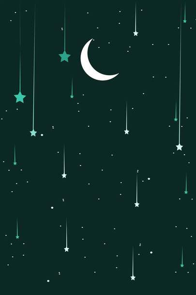 Nacht Landschaft Illustration im flachen Stil mit Design Halbmond und Sterne in der Nacht Ansicht abstrakte Form. Schöne Galaxie Hintergrund. Vorlage für Handy-Bildschirmschoner Thema und Hintergrundbild. - Vektor, Bild