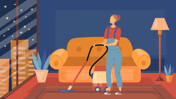 Cleaning Company Concept. Interior of Fashion Apartment With Cleaning Staff Female Character With Tools For Professional Cleaning. Happy Woman Do Job at the Workplace. Flat Style. Vector Illustration - Vector, Image