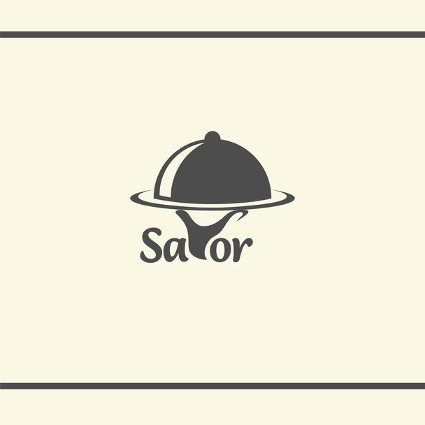 Diseño del logotipo Savor. Una mano sostiene una bandeja. Un camarero sirve comida. Diseño del logo del restaurante o la gastronomía
. - Vector, imagen