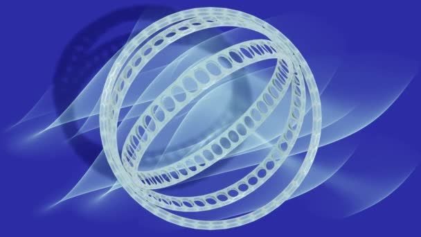 hi-tech thema in 3d design, three perforated hoops rotating in different direction about their common center, dark blue background with soft white waves. Techno motif, logotype - Footage, Video