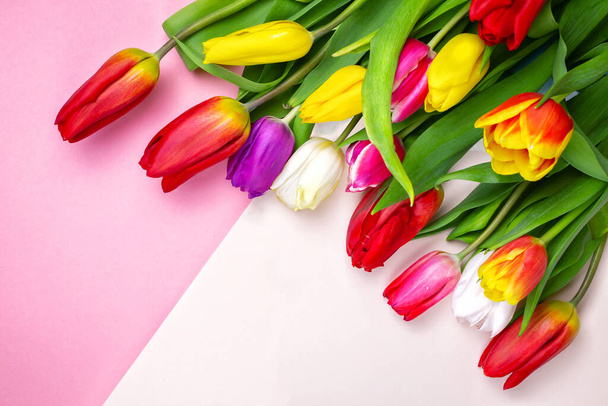 bouquet of beautiful colored tulips on a pink delicate background. greeting card for womens day. 8 March., Mothers Day. Flat lay and copy space - Φωτογραφία, εικόνα