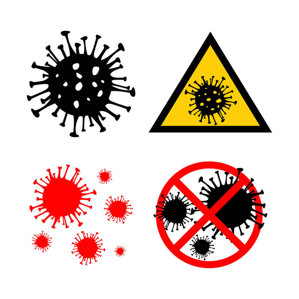 Set of 4 Dangerous Coronavirus red and black vector Icon. 2019-nCoV bacteria isolated on white background. COVID-19 Wuhan corona virus disease sign STOP pandemic concept symbol. Human health medical - Vettoriali, immagini