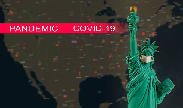 EE.UU. pandemia coronavirus COVID-19 mapa en un EE.UU. con estatua de la libertad
 - Foto, Imagen