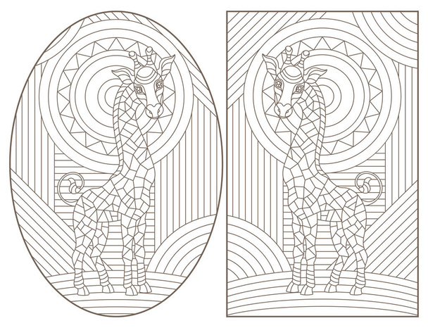 Serie di illustrazioni di contorno di vetrate con giraffe, contorni scuri su sfondo bianco
 - Vettoriali, immagini