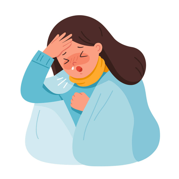 El retrato de la mujer se enferma. Ella está tosiendo y sufriendo de dolor de pecho. Coronavirus 2019-ncov flu.Health and Medical. Ilustración vectorial
. - Vector, imagen