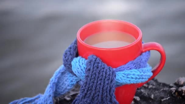 Czerwony kubek z gorącą kawą i parą, związany z niebieską dzianiną szalik - Materiał filmowy, wideo