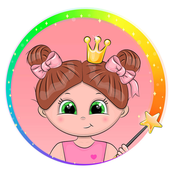 Linda chica de dibujos animados con ojos verdes. Ilustración vectorial de una pequeña princesa en rosa con palo mágico
.  - Vector, imagen