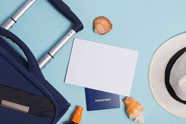Suitcase, passport, sunglasses and empty paper. Travel mock-up - 写真・画像