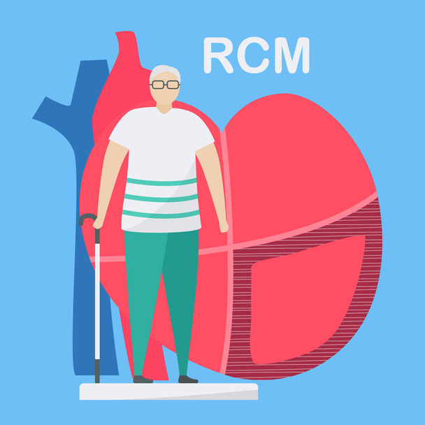 Cardiology vector illustration. This disease calls restrictive cardiomyopathy. Heart is restricted from stretching and filling with blood. Walls of heart are rigid. Flat tiny elements. Old people. - Vector, Image