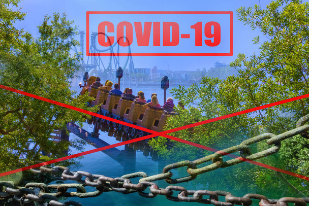 The conceptual image about people at abstract Roller Coaster park with Coronavirus outbreak. Covid-19, Healthcare and Medical Concept. - Photo, Image