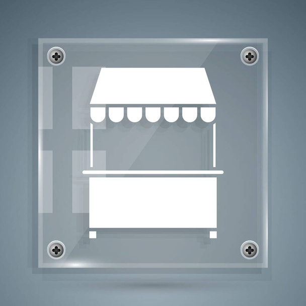 White Street stall with awning and wooden rack icon isolated on grey background. Kiosk with wooden rack. Square glass panels. Vector Illustration - Vector, Image