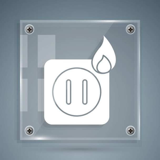 Blanco Cableado eléctrico de enchufe en el icono del fuego aislado sobre fondo gris. Concepto de seguridad eléctrica. Toma de corriente en llamas. Paneles cuadrados de vidrio. Ilustración vectorial
 - Vector, imagen