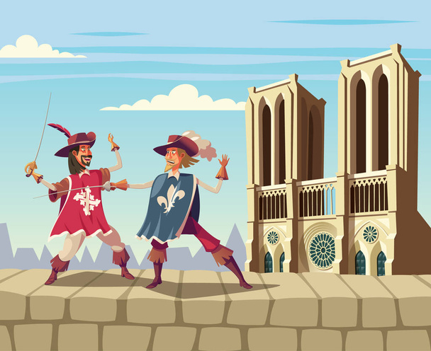Musketeers fighting on Paris city wall and Notre Dame cathedral in background - Vector, Image