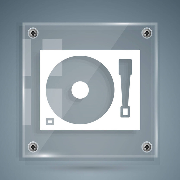 Weißer Plattenspieler mit einem Schallplattensymbol isoliert auf grauem Hintergrund. Quadratische Glasscheiben. Vektorillustration - Vektor, Bild