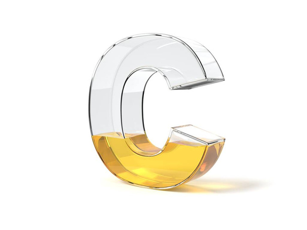 γράμμα C σχήμα γυαλί μισογεμάτο με κίτρινο υγρό. κατάλληλο για καύσιμα, έλαια, μέλι και οποιαδήποτε άλλα υγρά θέματα. 3D εικονογράφηση - Φωτογραφία, εικόνα