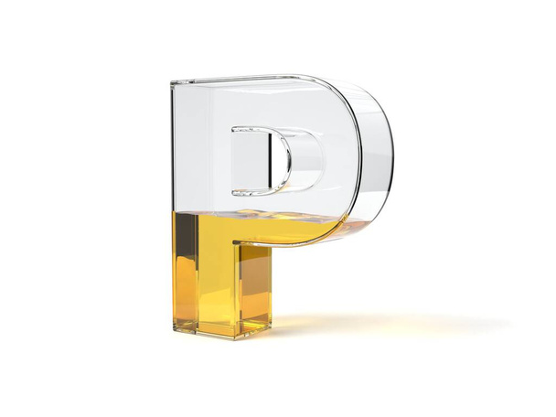 betű P alakú üveg félig sárga folyadékkal töltve. üzemanyag, olaj, méz és bármely más folyékony téma kezelésére alkalmas. 3d illusztráció - Fotó, kép