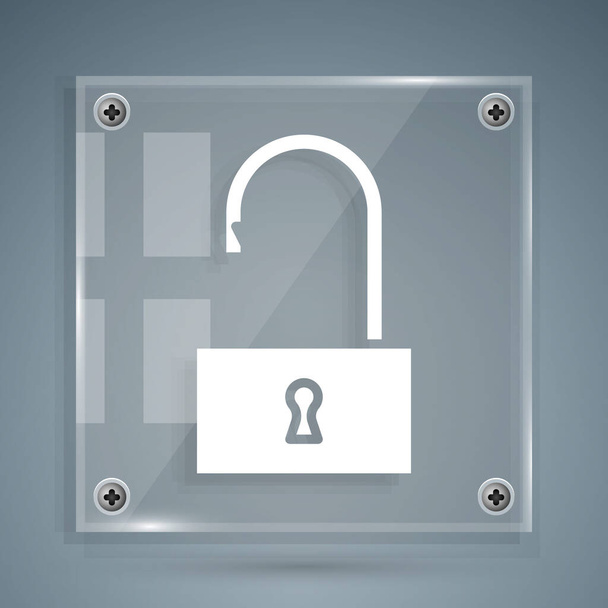 White Open padlock icon isolated on grey background. Opened lock sign. Cyber security concept. Digital data protection. Square glass panels. Vector Illustration - Vector, Image