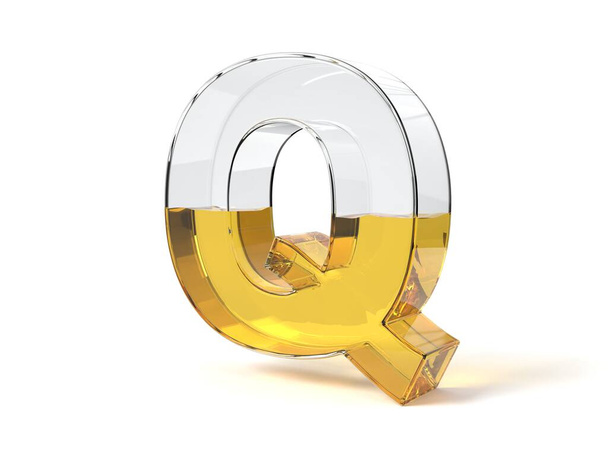 betű Q alakú üveg félig sárga folyadékkal töltve. üzemanyag, olaj, méz és bármely más folyékony téma kezelésére alkalmas. 3d illusztráció - Fotó, kép