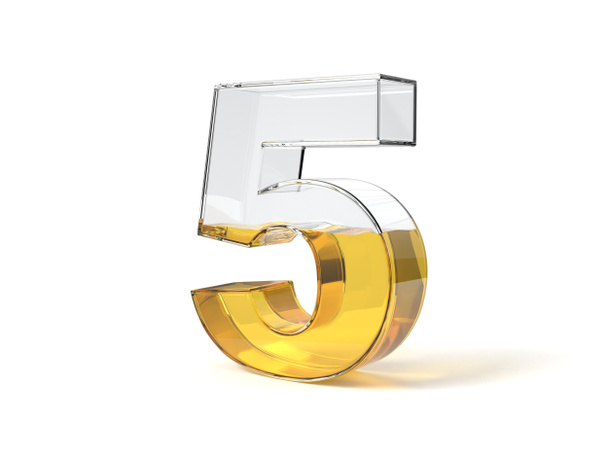 Numero 5: n muotoinen lasi puoliksi täynnä keltaista nestettä. sopii polttoaineeseen, öljyyn, hunajaan ja muihin nestemäisiin teemoihin. 3d kuva
 - Valokuva, kuva