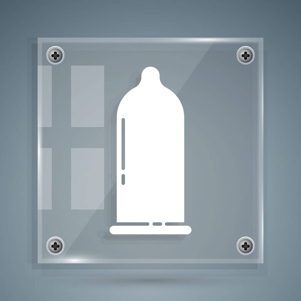Biała prezerwatywa bezpieczna ikona seksu odizolowana na szarym tle. Symbol bezpiecznej miłości. Metoda antykoncepcji u mężczyzn. Szklane panele. Ilustracja wektora - Wektor, obraz