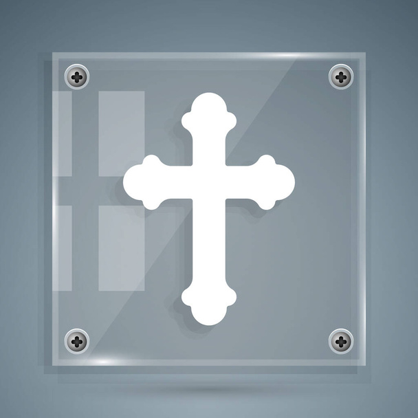 灰色の背景に孤立した白いキリスト教徒の十字のアイコン。教会の十字架。正方形のガラスパネル。ベクターイラスト - ベクター画像